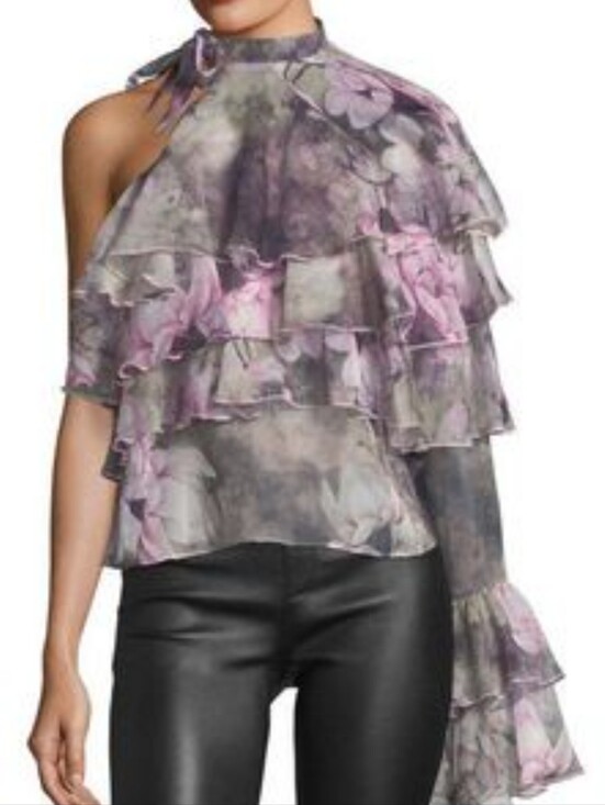 Stylekeepers Tops - Stylekeepers Gray Pink One-Shoulder Ruffle Floral Blouse Size Large New